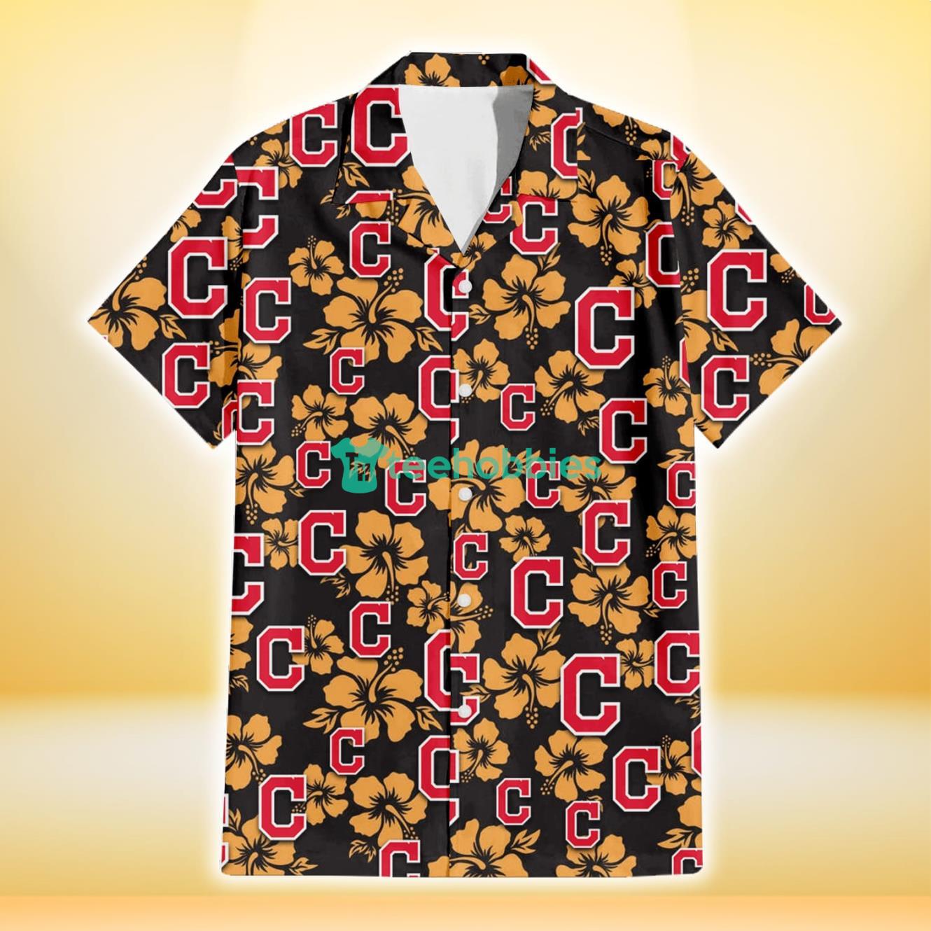 Cleveland Indians Tiny Yellow Hibiscus Black Background 3D Hawaiian Shirt Gift For Fans Product Photo 2