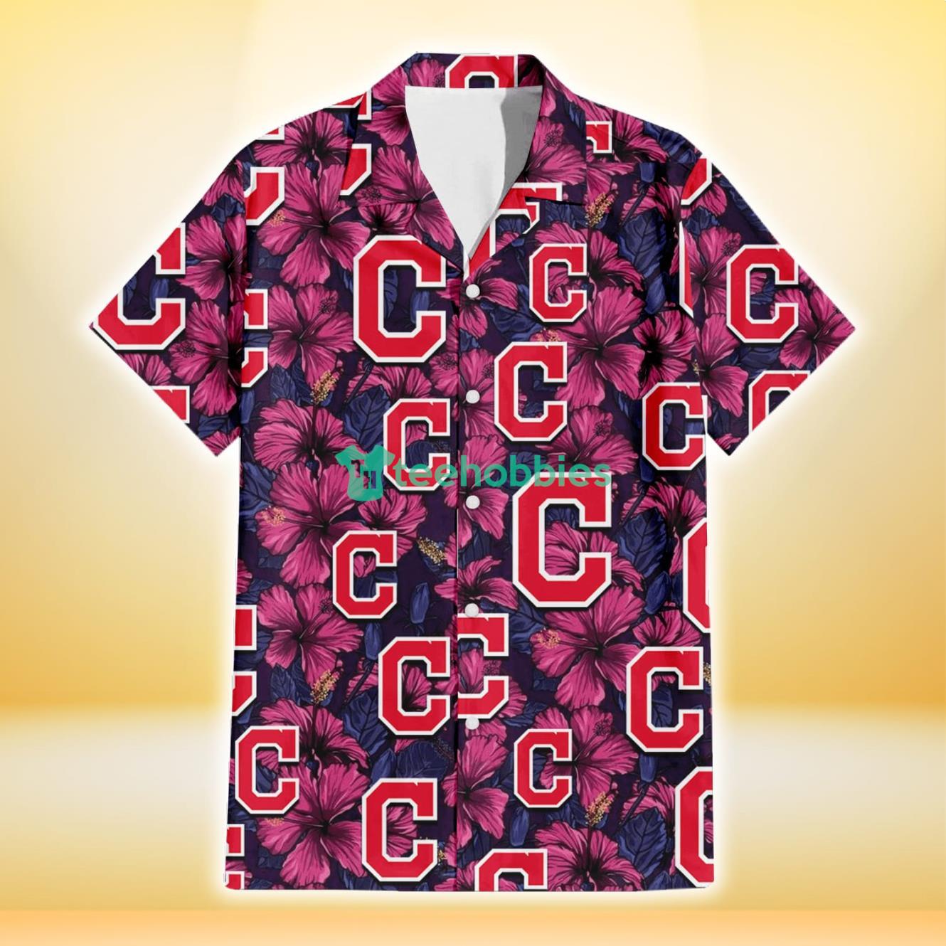 Cleveland Indians Violet Red Blue Leaf Black Background 3D Hawaiian Shirt Gift For Fans Product Photo 2