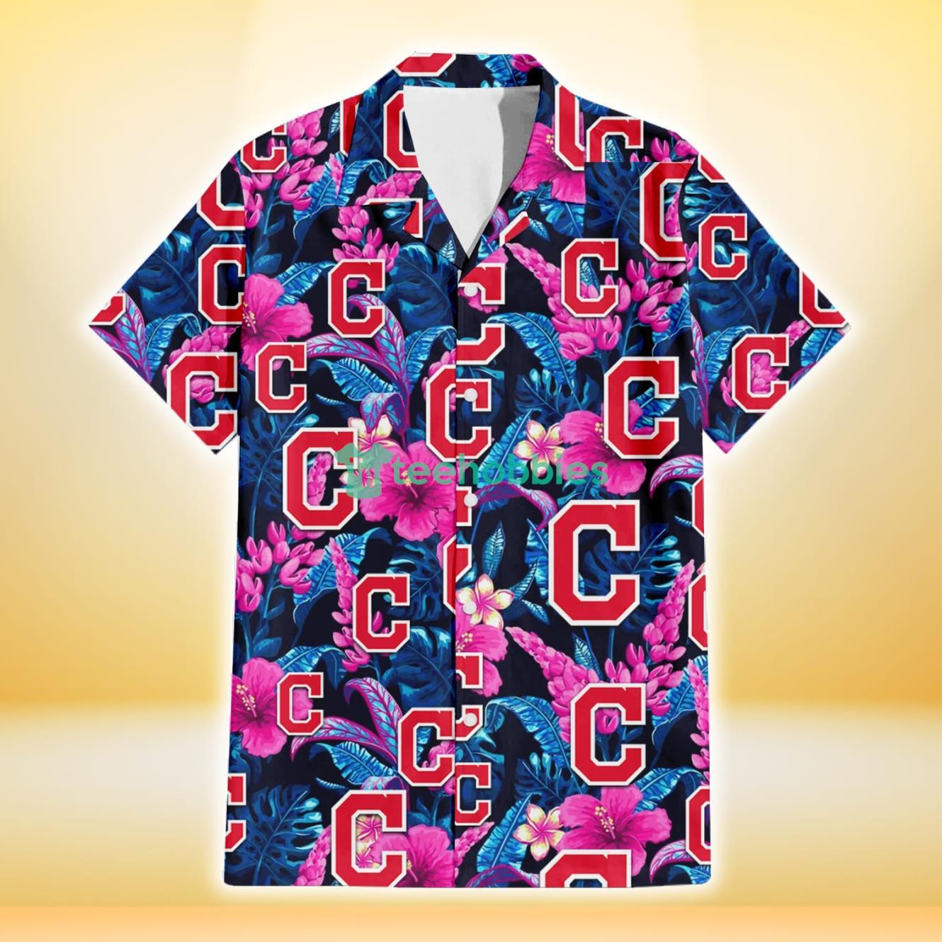 Cleveland Indians Violet Red Hibiscus Blue Leaf Black Background 3D Hawaiian Shirt Gift For Fans Product Photo 2