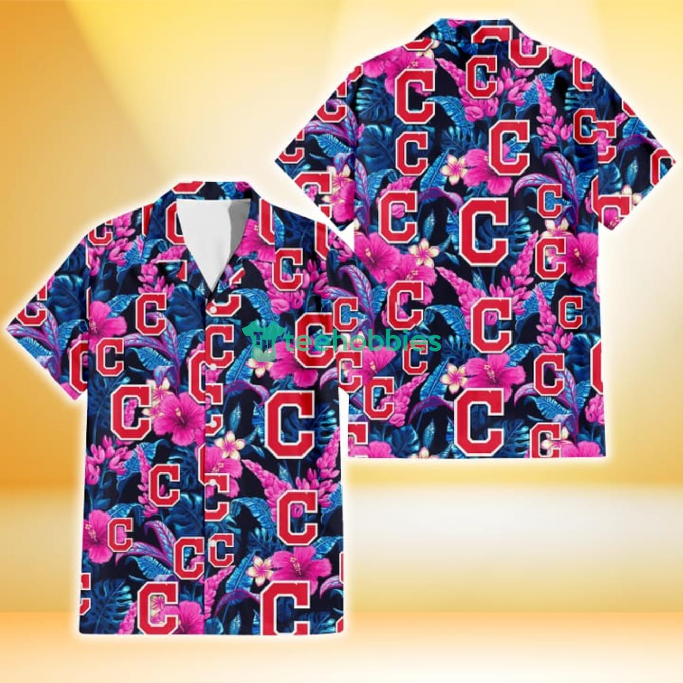 Cleveland Indians Violet Red Hibiscus Blue Leaf Black Background 3D Hawaiian Shirt Gift For Fans Product Photo 1