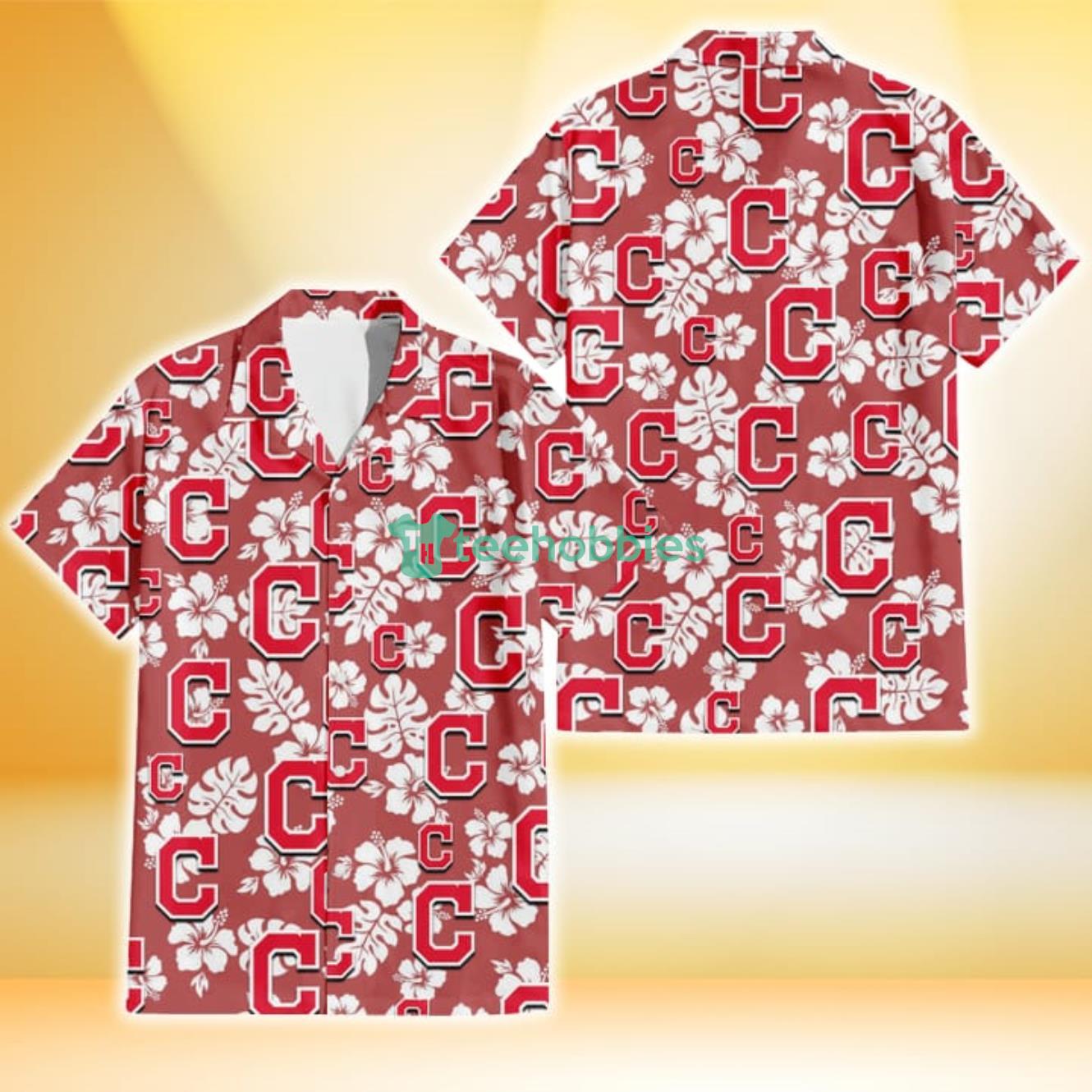 Cleveland Indians White Hibiscus Indian Red Background 3D Hawaiian Shirt Gift For Fans Product Photo 1