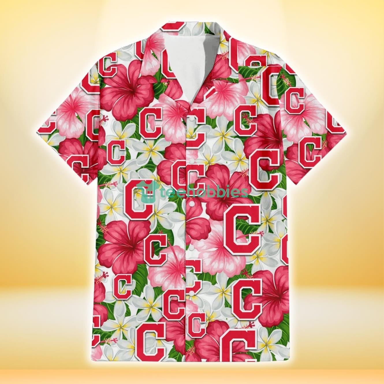 Cleveland Indians White Porcelain Flower Pink Hibiscus White Background 3D Hawaiian Shirt Gift For Fans Product Photo 2