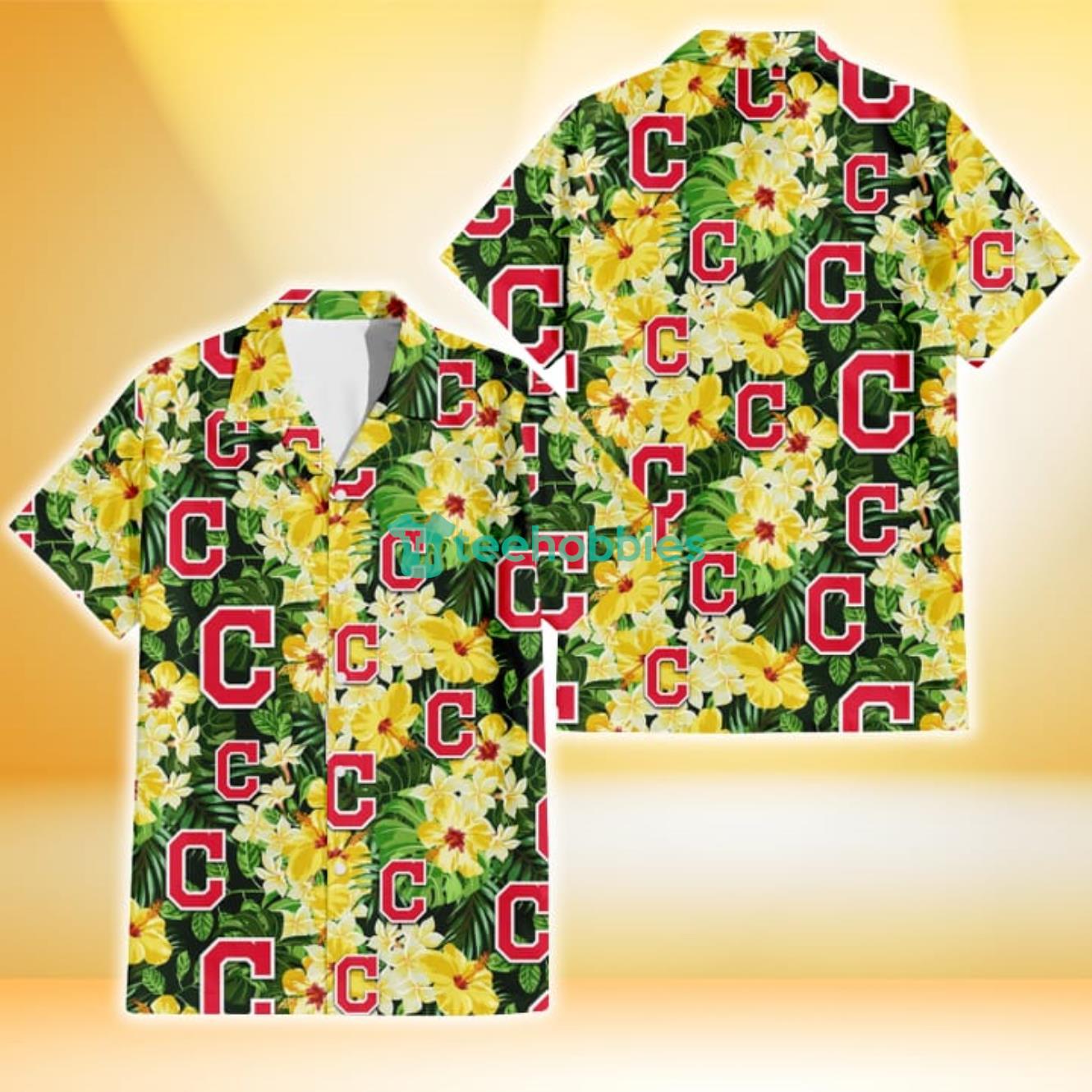 Cleveland Indians Yellow Hibiscus Tropical Green Leaf Black Background 3D Hawaiian Shirt Gift For Fans Product Photo 1