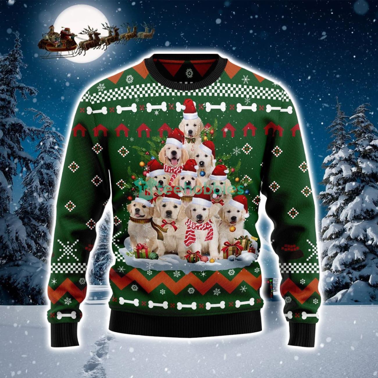Cute Golden Retriever Pine Tree Ugly Christmas Sweater Product Photo 1