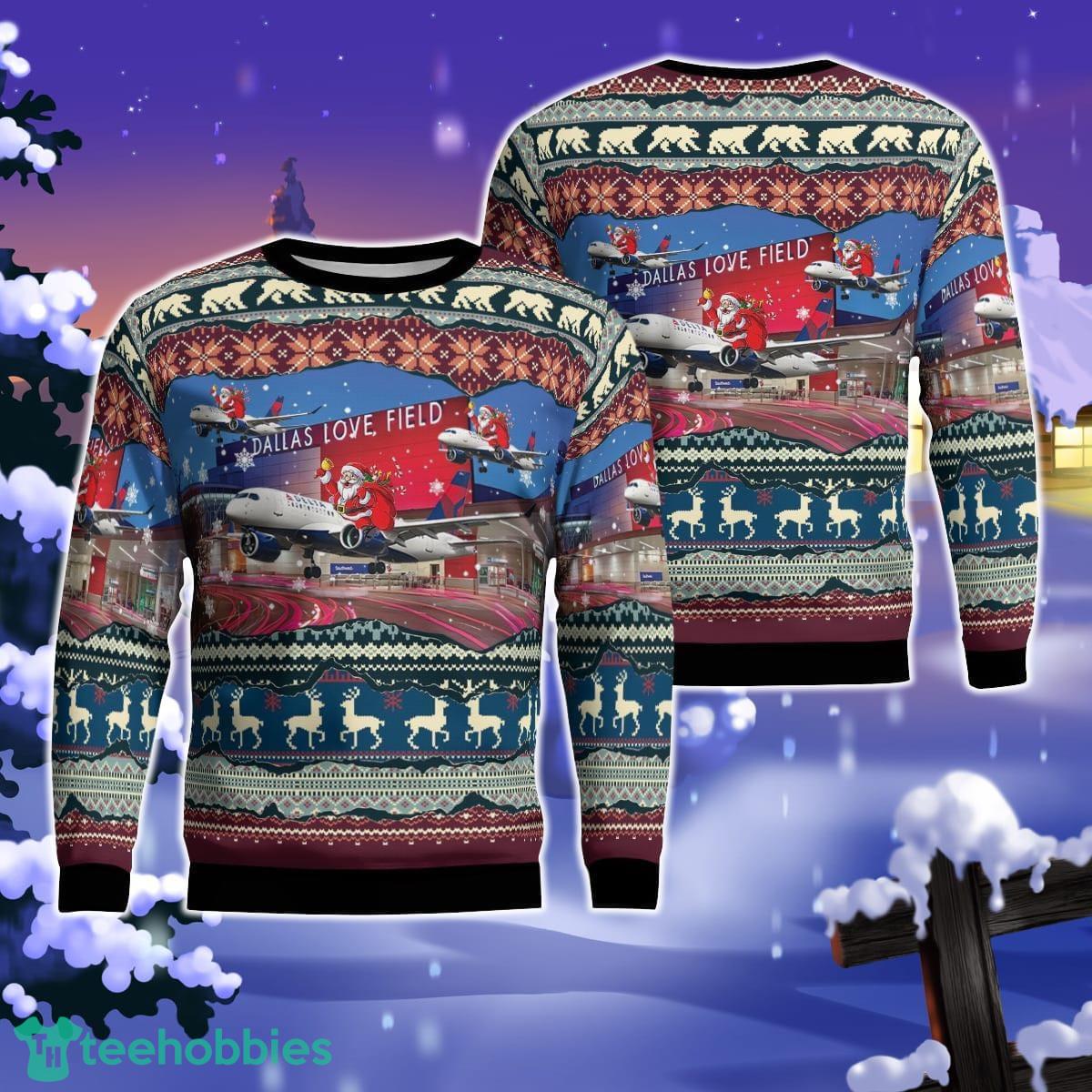 Delta Air Lines Airbus A220-300 Flying Over Dallas Love Field Christmas AOP Ugly Sweater Gift For Christmas Product Photo 1