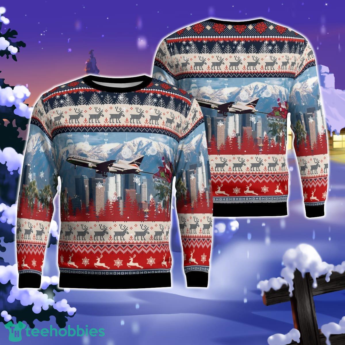 Delta Air Lines Lockheed L-1011-500 With Santa Over Los Angeles Christmas AOP Ugly Sweater Gift For Christmas Product Photo 1