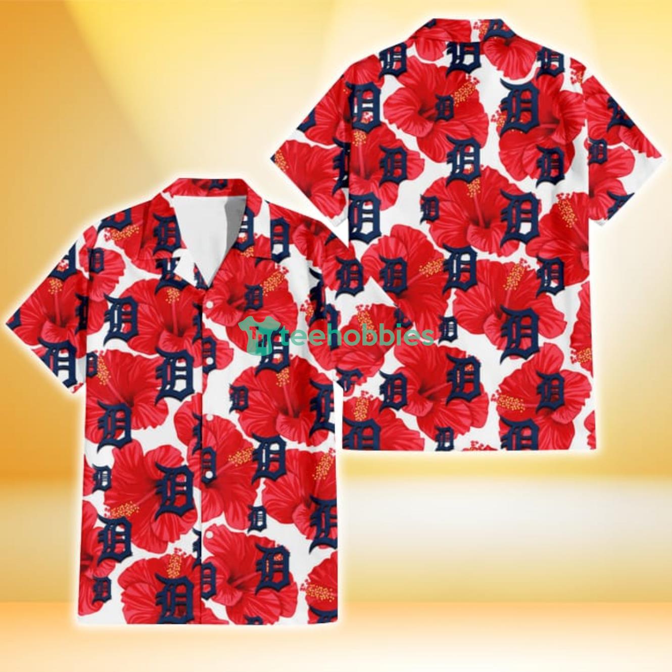 Detroit Tigers Big Red Hibiscus White Background 3D Hawaiian Shirt Gift For Fans Product Photo 1