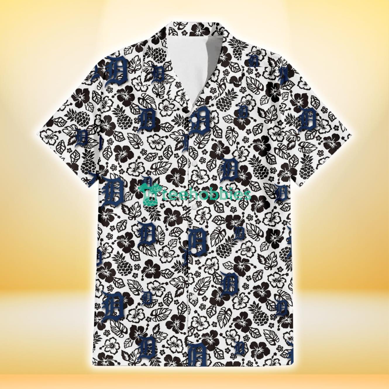 Detroit Tigers Black And White Hibiscus Leaf White Background 3D Hawaiian Shirt Gift For Fans Product Photo 2