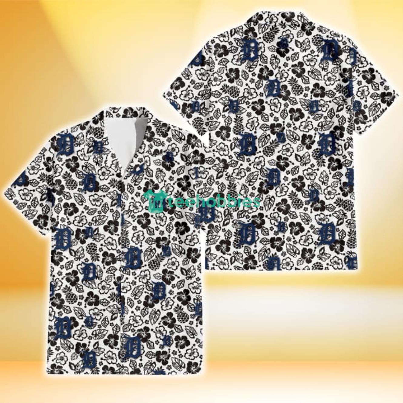 Detroit Tigers Black And White Hibiscus Leaf White Background 3D Hawaiian Shirt Gift For Fans Product Photo 1