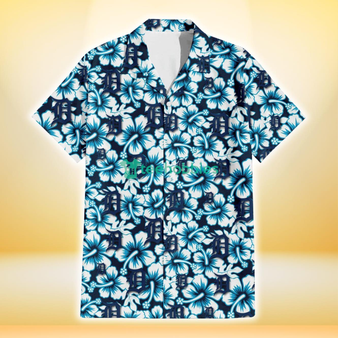 Detroit Tigers Blue Line White Hibiscus Black Background 3D Hawaiian Shirt Gift For Fans Product Photo 2