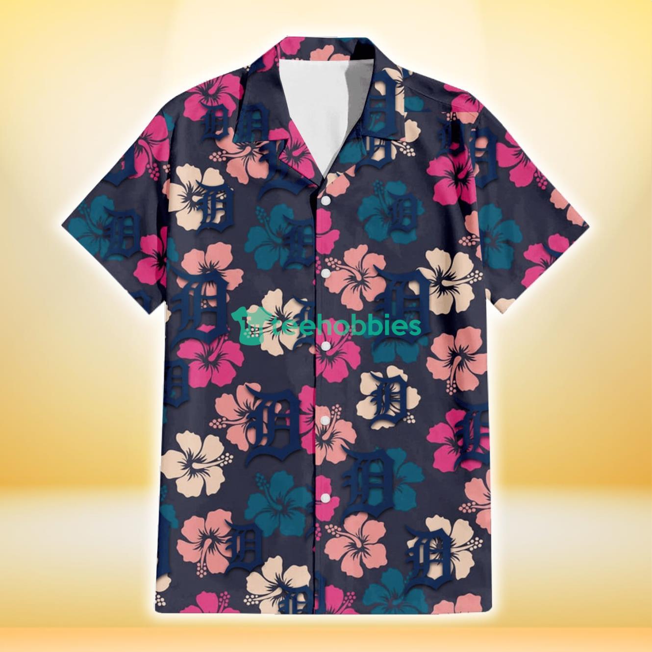 Detroit Tigers Colorful Hibiscus Black Background 3D Hawaiian Shirt Gift For Fans Product Photo 2