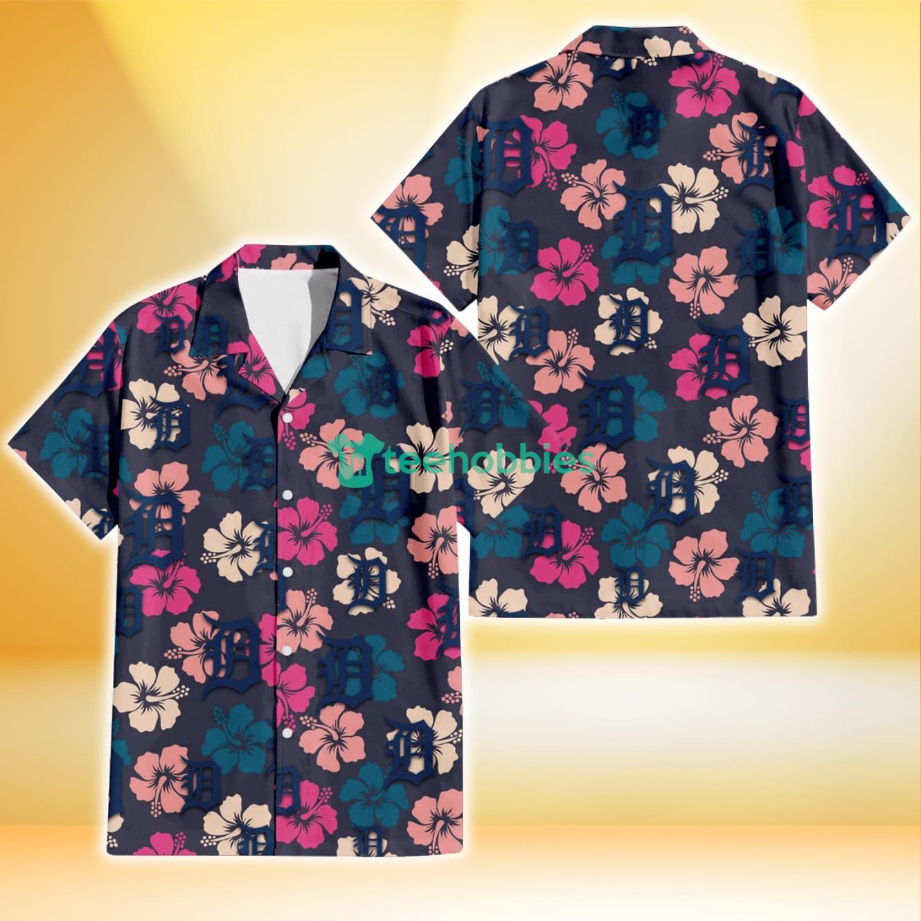 Detroit Tigers Colorful Hibiscus Black Background 3D Hawaiian Shirt Gift For Fans Product Photo 1