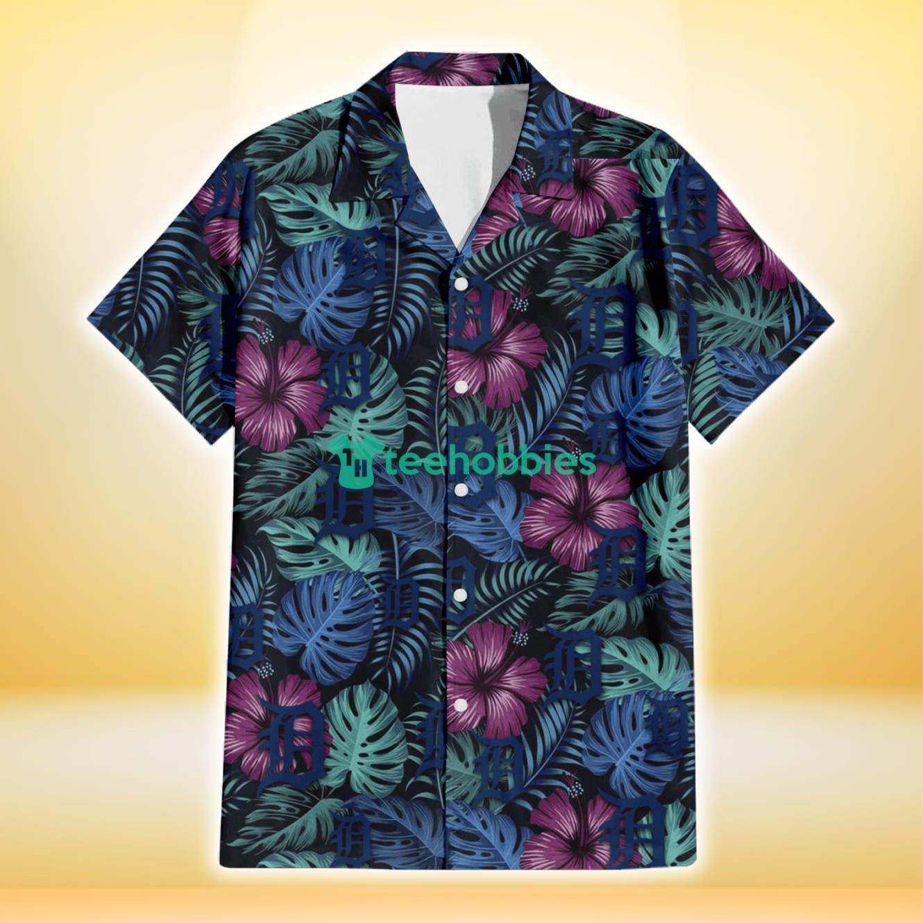 Detroit Tigers Dark Magenta Green Leaf Black Background 3D Hawaiian Shirt Gift For Fans Product Photo 2