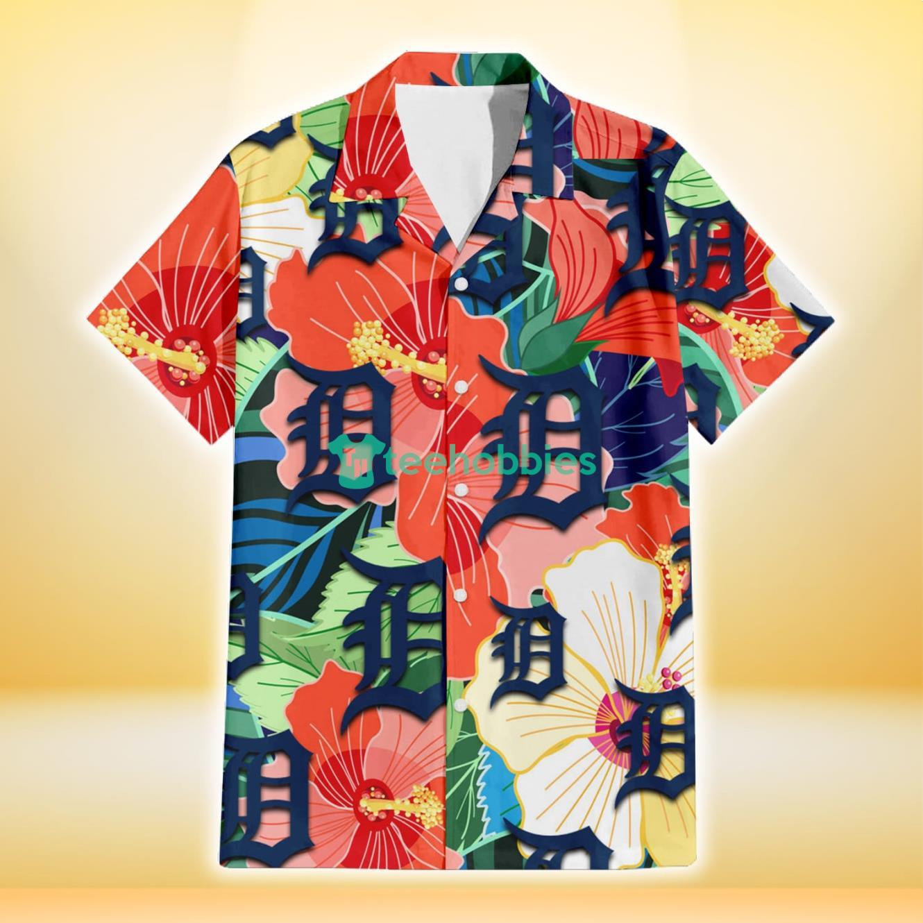 Detroit Tigers Orange White Tropical Hibiscus Green Leaf 3D Hawaiian Shirt Gift For Fans Product Photo 2