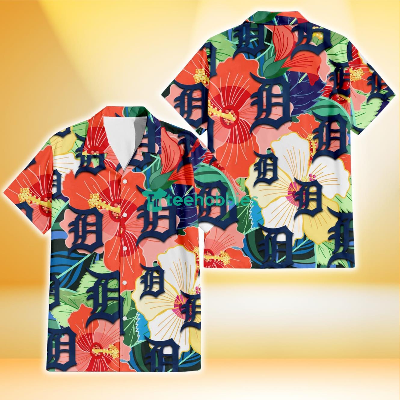 Detroit Tigers Orange White Tropical Hibiscus Green Leaf 3D Hawaiian Shirt Gift For Fans Product Photo 1