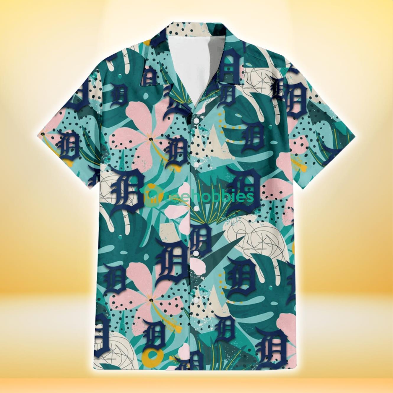 Detroit Tigers Pastel Hibiscus Palm Leaf Tiny Dot Green Background 3D Hawaiian Shirt Gift For Fans Product Photo 2