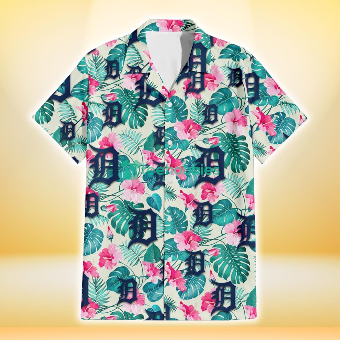 Detroit Tigers Pink Hibiscus Green Leaf Beige Background 3D Hawaiian Shirt Gift For Fans Product Photo 2