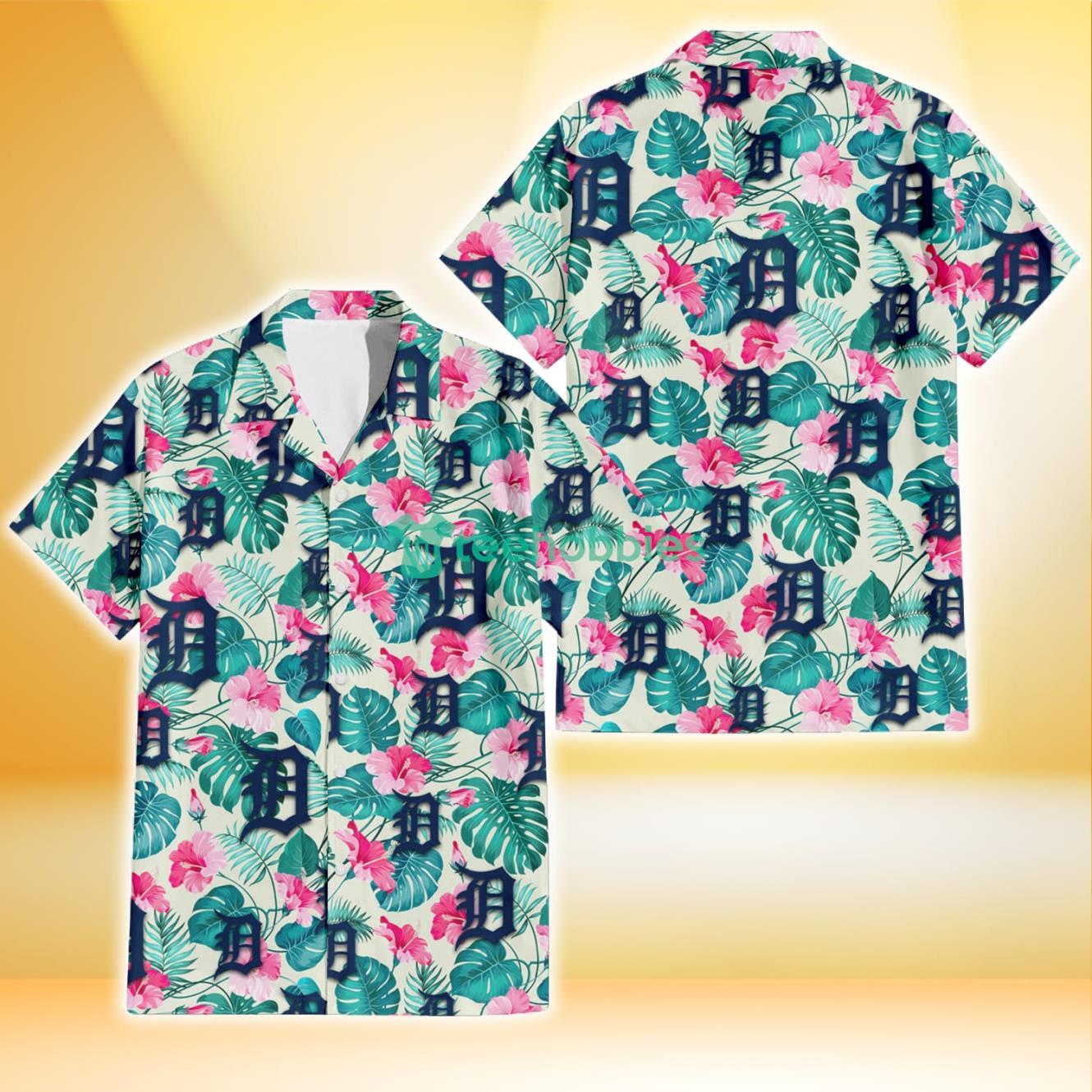Detroit Tigers Pink Hibiscus Green Leaf Beige Background 3D Hawaiian Shirt Gift For Fans Product Photo 1
