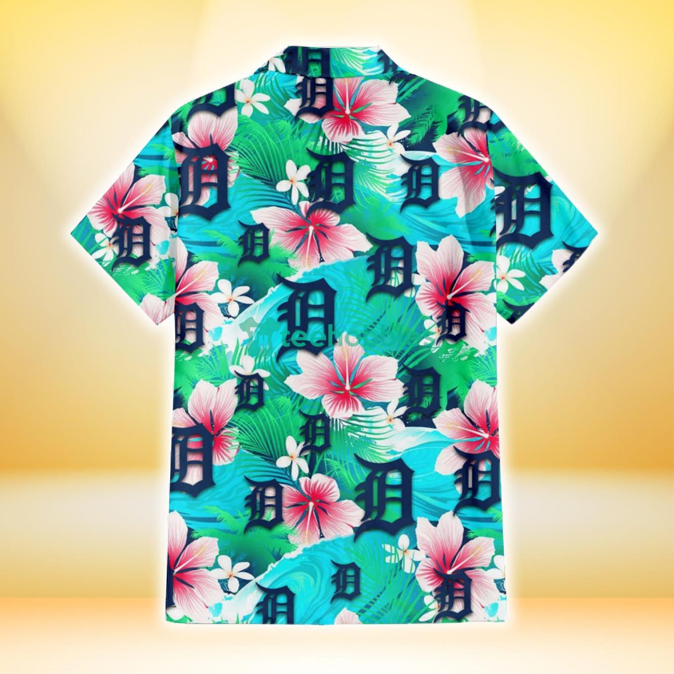 Detroit Tigers Logo And Red Pink White Hibiscus 3D Hawaiian Shirt