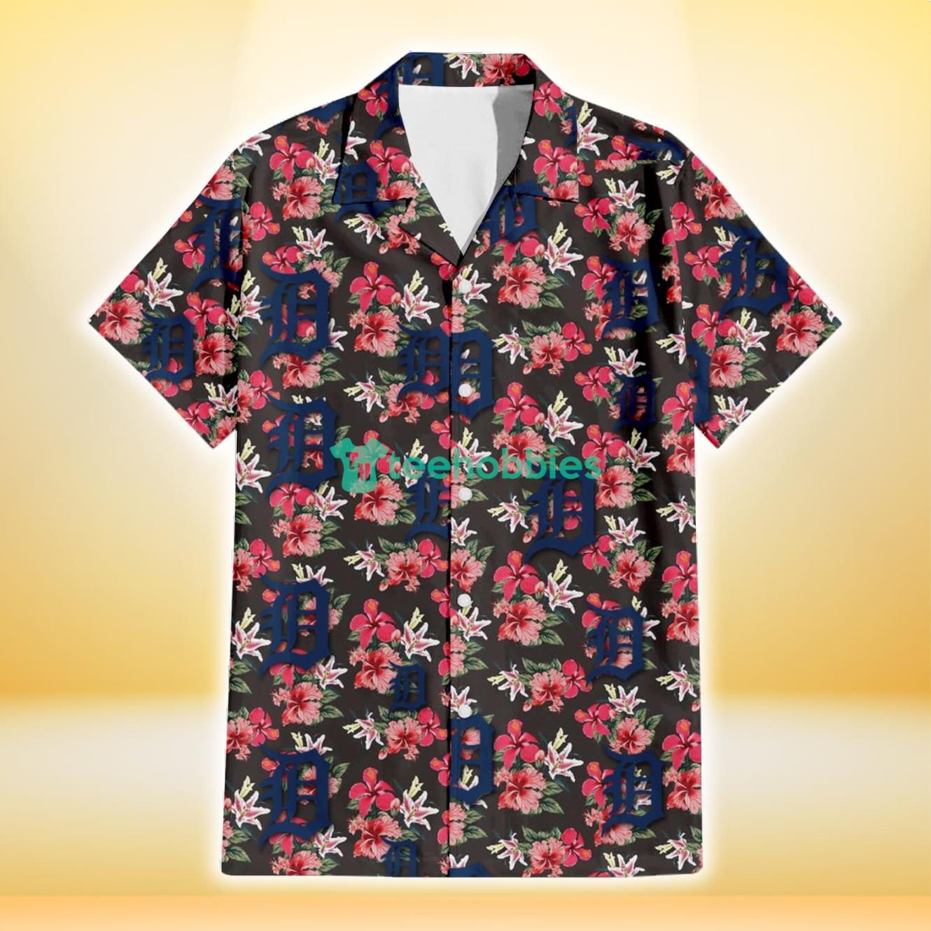 Detroit Tigers Pink Hibiscus Orchid Brown Background 3D Hawaiian Shirt Gift For Fans Product Photo 2