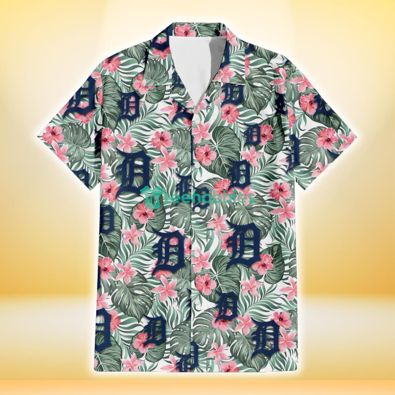 Detroit Tigers Pink Hibiscus Porcelain Flower Tropical Leaf White Background 3D Hawaiian Shirt Gift For Fans Product Photo 2