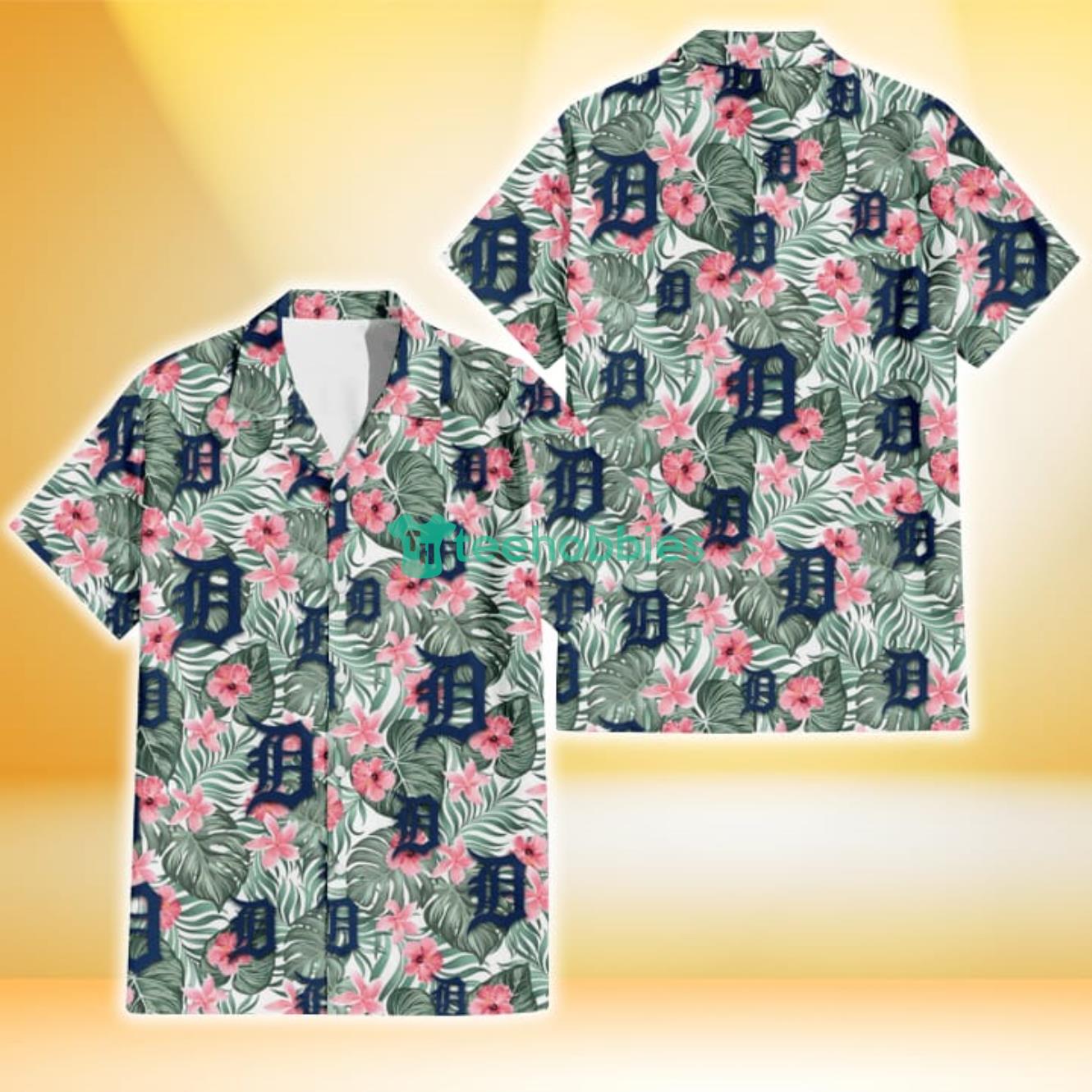 Detroit Tigers Pink Hibiscus Porcelain Flower Tropical Leaf White Background 3D Hawaiian Shirt Gift For Fans Product Photo 1
