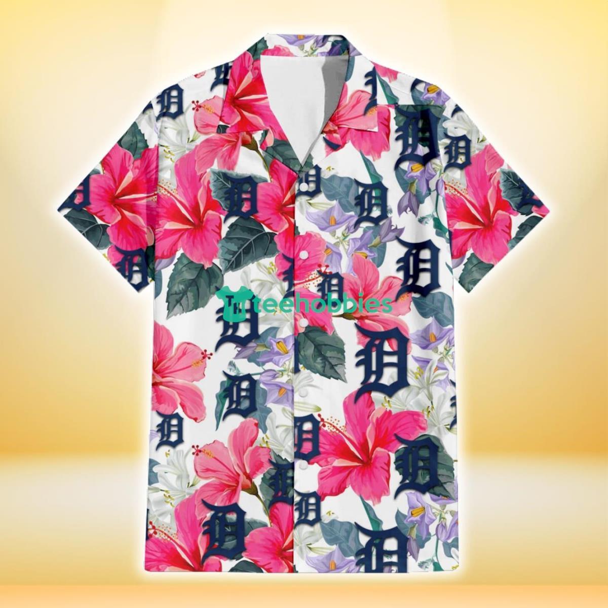 Detroit Tigers Pink Hibiscus White Orchid White Background 3D Hawaiian Shirt Gift For Fans Product Photo 2