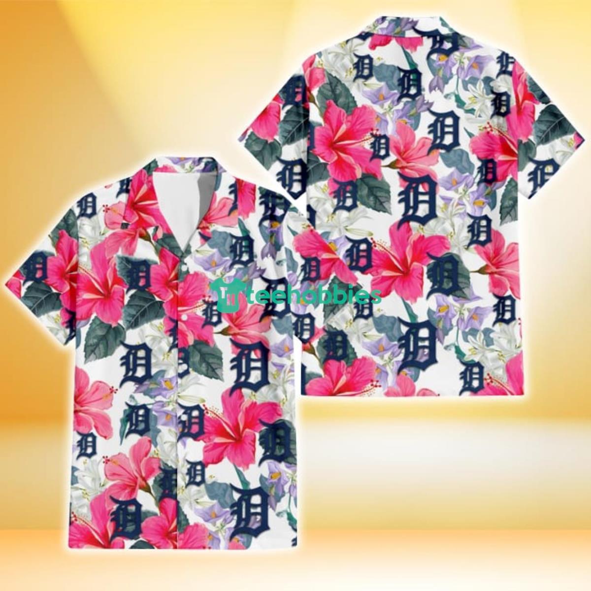 Detroit Tigers Pink Hibiscus White Orchid White Background 3D Hawaiian Shirt Gift For Fans Product Photo 1