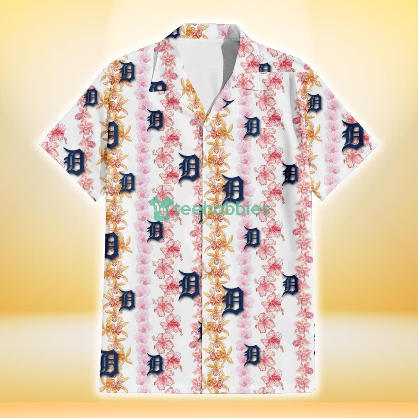 Detroit Tigers Pink Hibiscus Yellow Pink Orchid White Background 3D Hawaiian Shirt Gift For Fans Product Photo 2