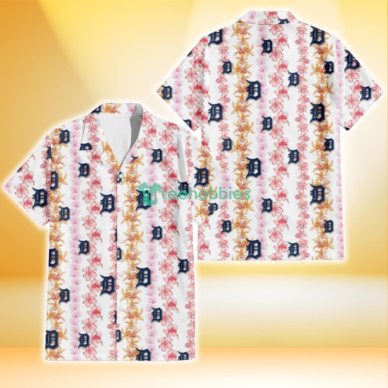 Detroit Tigers Pink Hibiscus Yellow Pink Orchid White Background 3D Hawaiian Shirt Gift For Fans Product Photo 1