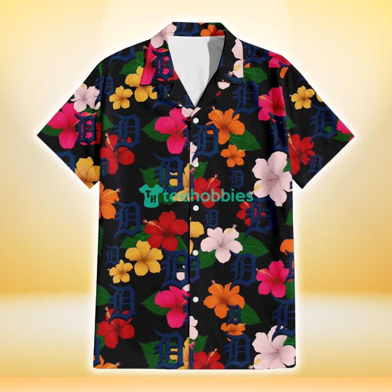 Detroit Tigers Pink Orange Yellow White Hibiscus Black Background 3D Hawaiian Shirt Gift For Fans Product Photo 2