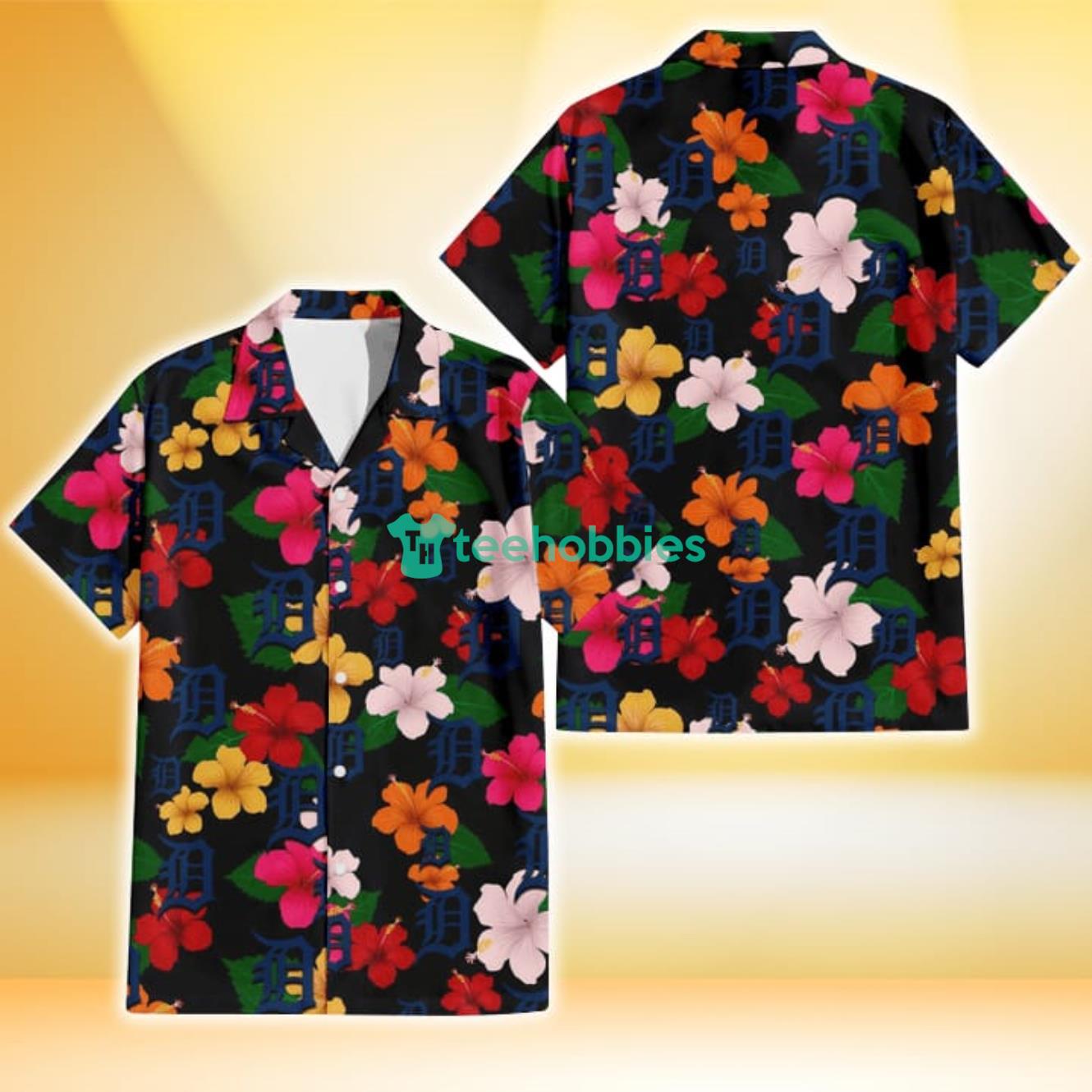 Detroit Tigers Pink Orange Yellow White Hibiscus Black Background 3D Hawaiian Shirt Gift For Fans Product Photo 1
