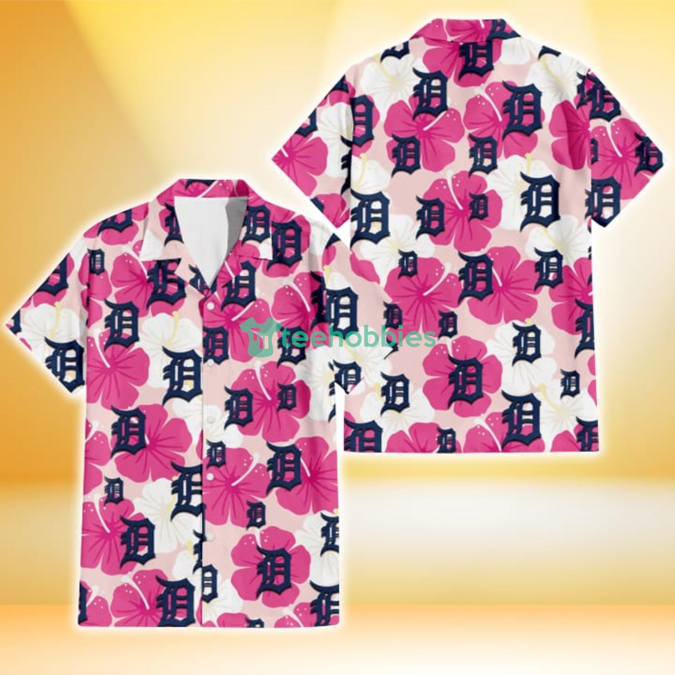 Detroit Tigers Pink White Hibiscus Misty Rose Background 3D Hawaiian Shirt Gift For Fans Product Photo 1