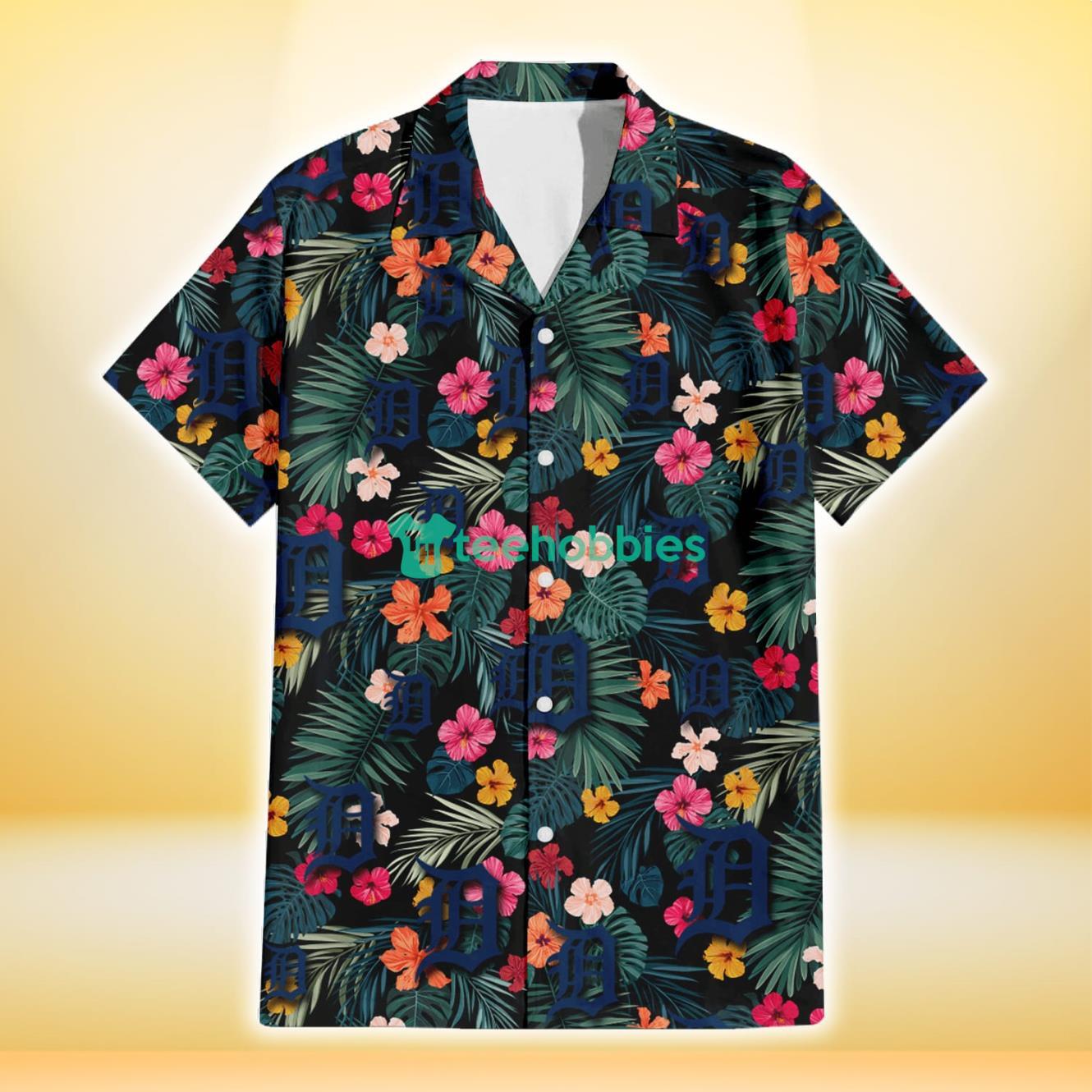 Detroit Tigers Pink Yellow Orange Hibiscus Big Tropical Leaf Black Background 3D Hawaiian Shirt Gift For Fans Product Photo 2