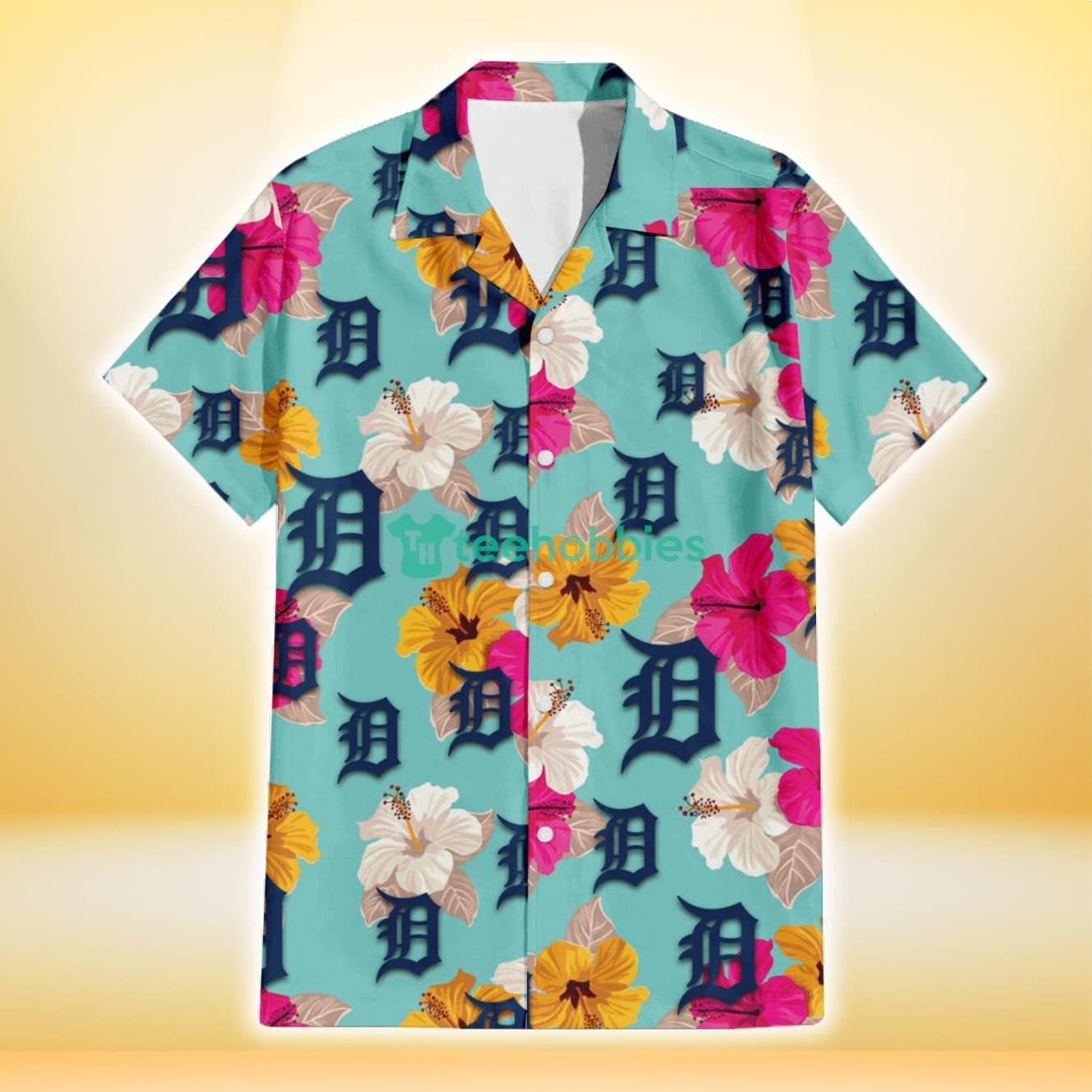 Detroit Tigers Pink Yellow White Hibiscus Turquoise Background 3D Hawaiian Shirt Gift For Fans Product Photo 2