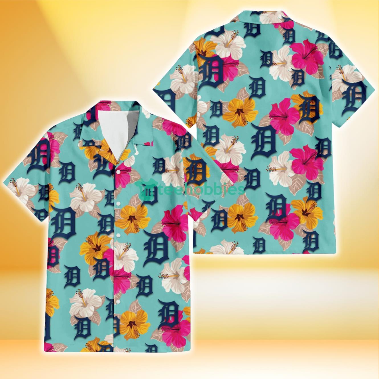 Detroit Tigers Pink Yellow White Hibiscus Turquoise Background 3D Hawaiian Shirt Gift For Fans Product Photo 1