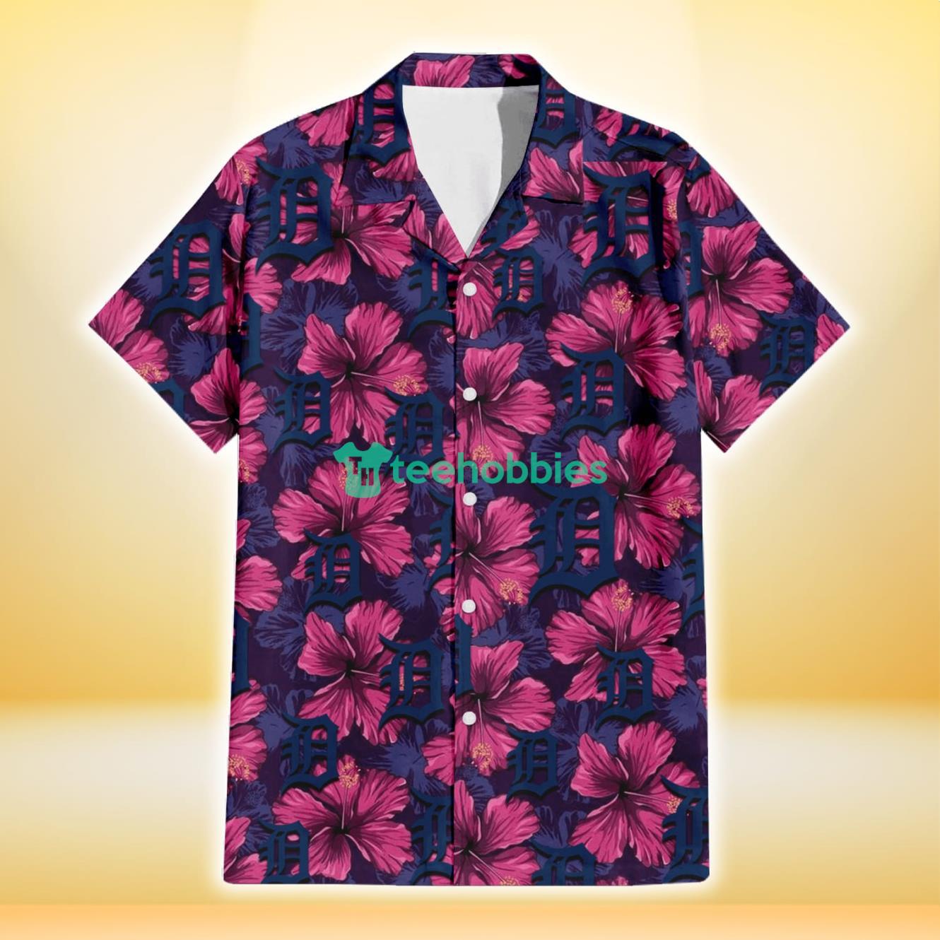 Detroit Tigers Plum Vilolet Hibiscus Dark Navy Leaf Black 3D Hawaiian Shirt Gift For Fans Product Photo 2