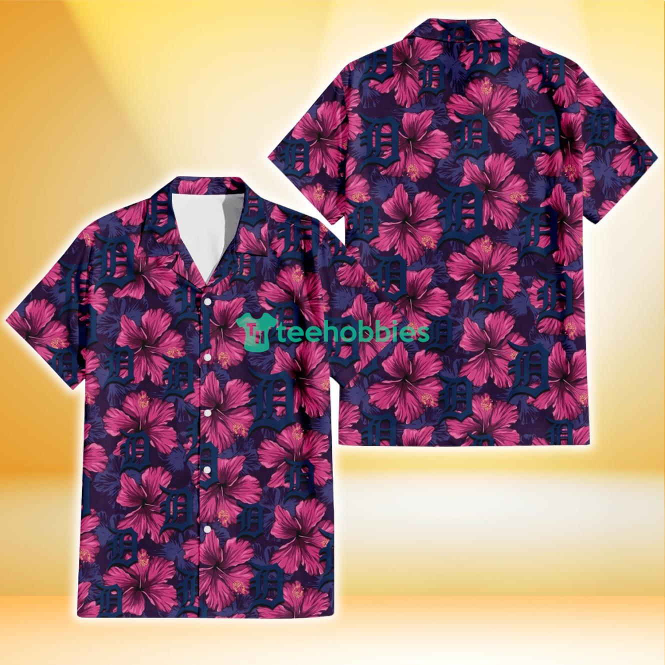 Detroit Tigers Plum Vilolet Hibiscus Dark Navy Leaf Black 3D Hawaiian Shirt Gift For Fans Product Photo 1