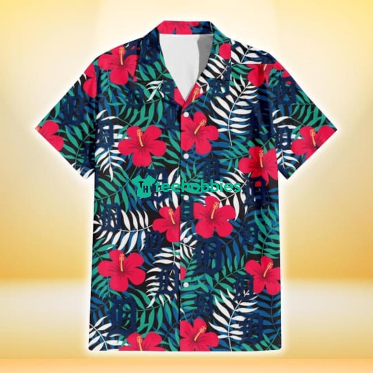 Detroit Tigers Red Hibiscus Green Blue White Leaf Black Background 3D Hawaiian Shirt Gift For Fans Product Photo 2