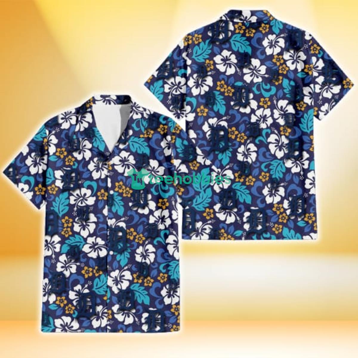 Detroit Tigers White Hibiscus Ceramic Style Navy Background 3D Hawaiian Shirt Gift For Fans Product Photo 1