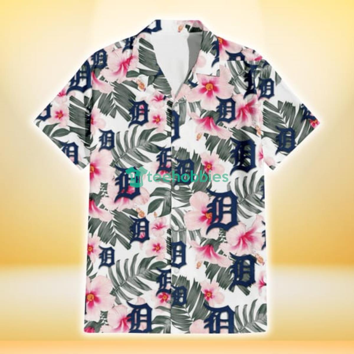 Detroit Tigers White Hibiscus Green Leaf White Background 3D Hawaiian Shirt Gift For Fans Product Photo 2