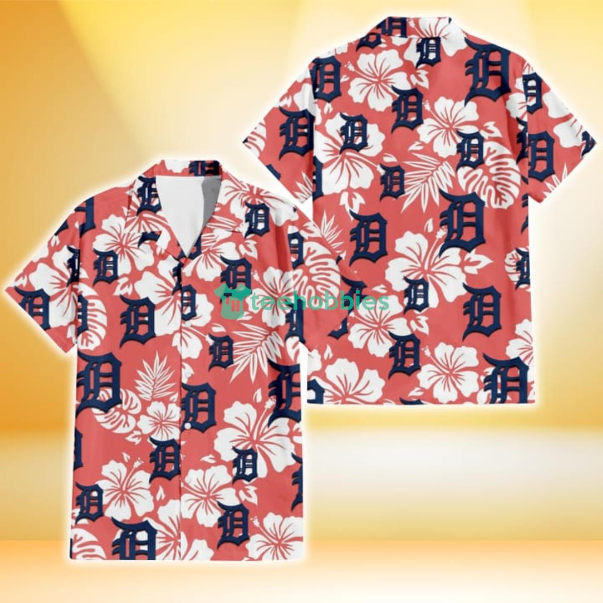 Detroit Tigers White Hibiscus Salmon Background 3D Hawaiian Shirt Gift For Fans Product Photo 1