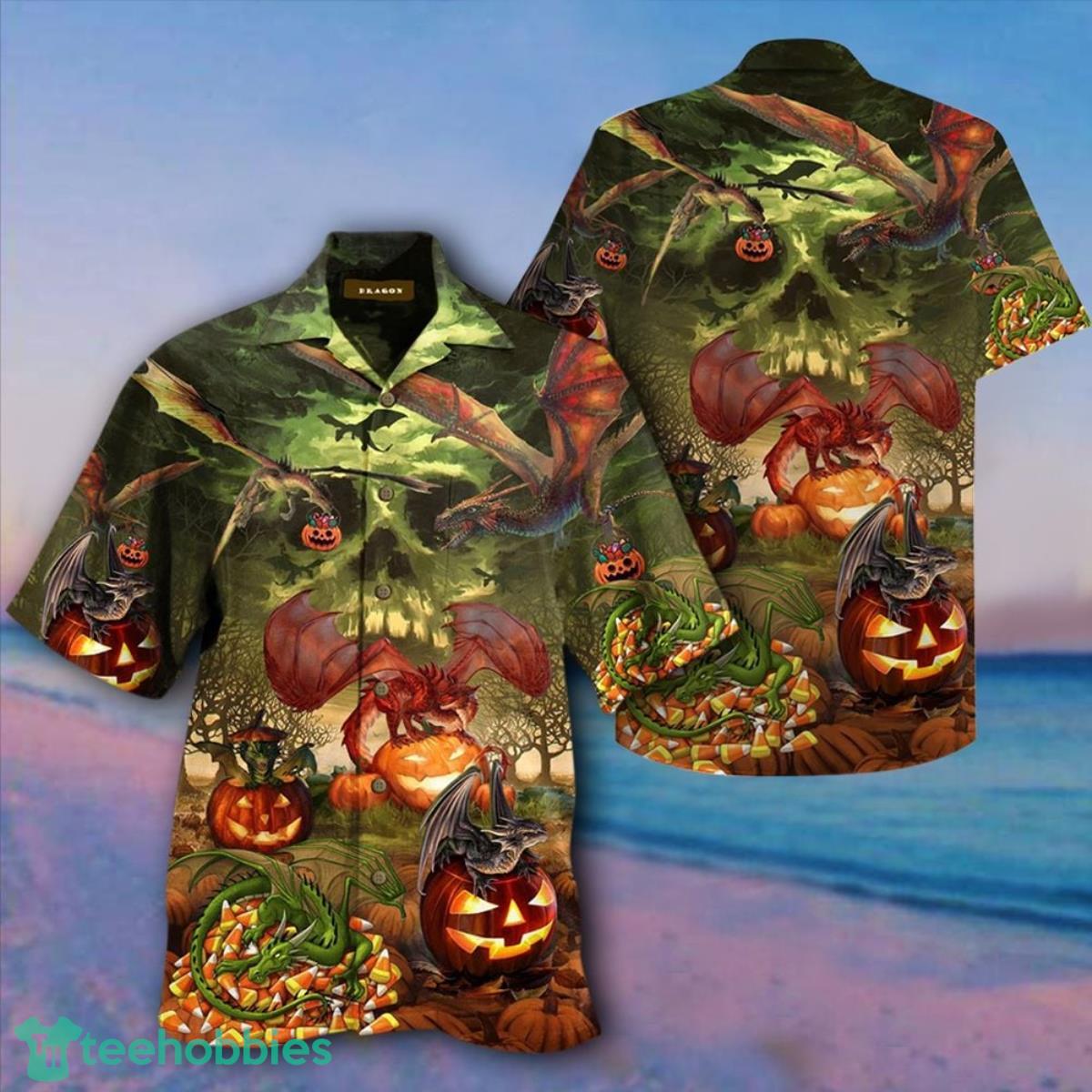Dragon Hawaiian Shirt Pumpkin Halloween Dragon Hawaiian Button Up Shirt Product Photo 1