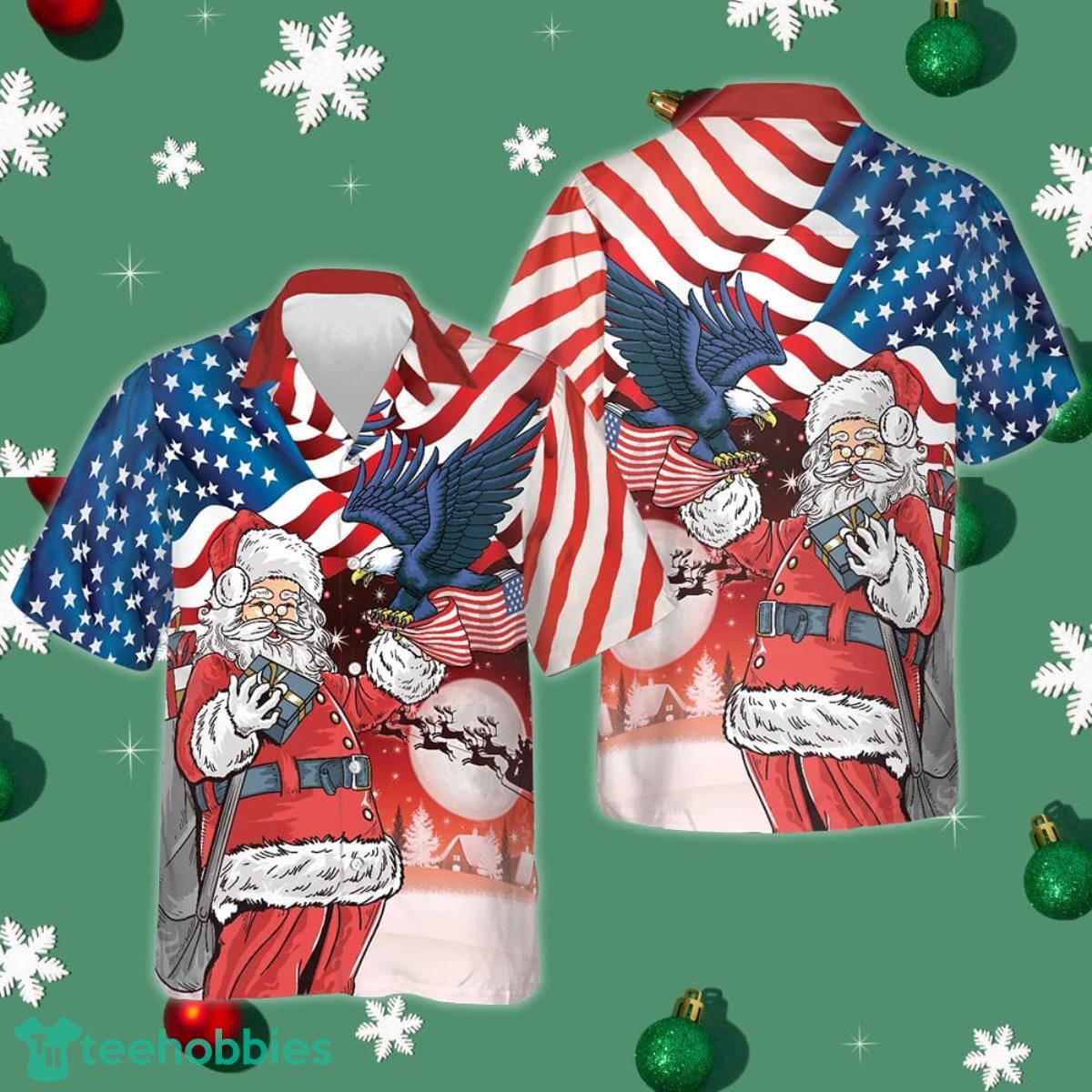 Eagle Perched On Santa's Hand With USA Flag Shirt Patriotic Button Up Shirt Christmas Ideas Product Photo 1