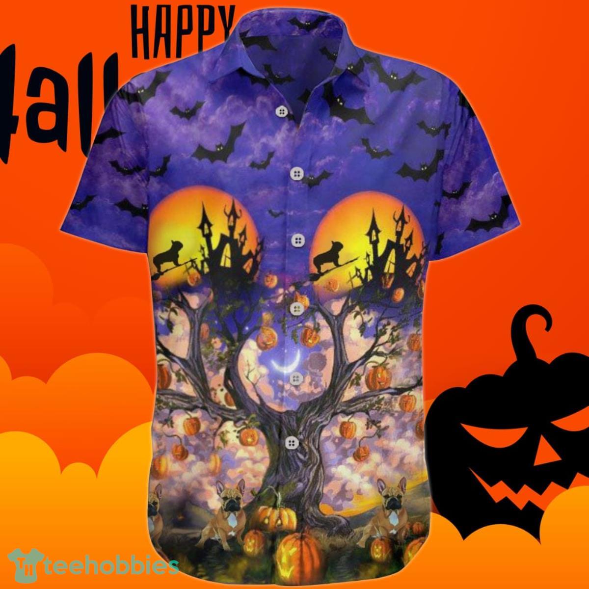 Frenchie Hawaiian Shirt Pumpkin Pug Dog Graphic Tee Halloween Themed Aloha Shirt Product Photo 1