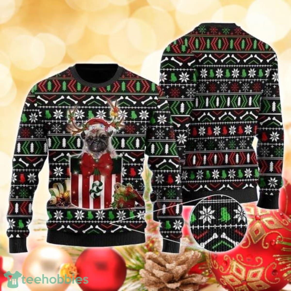Funny Pug In The Gift Box 3D Sweater Ugly Christmas Sweater For Men Women Product Photo 1
