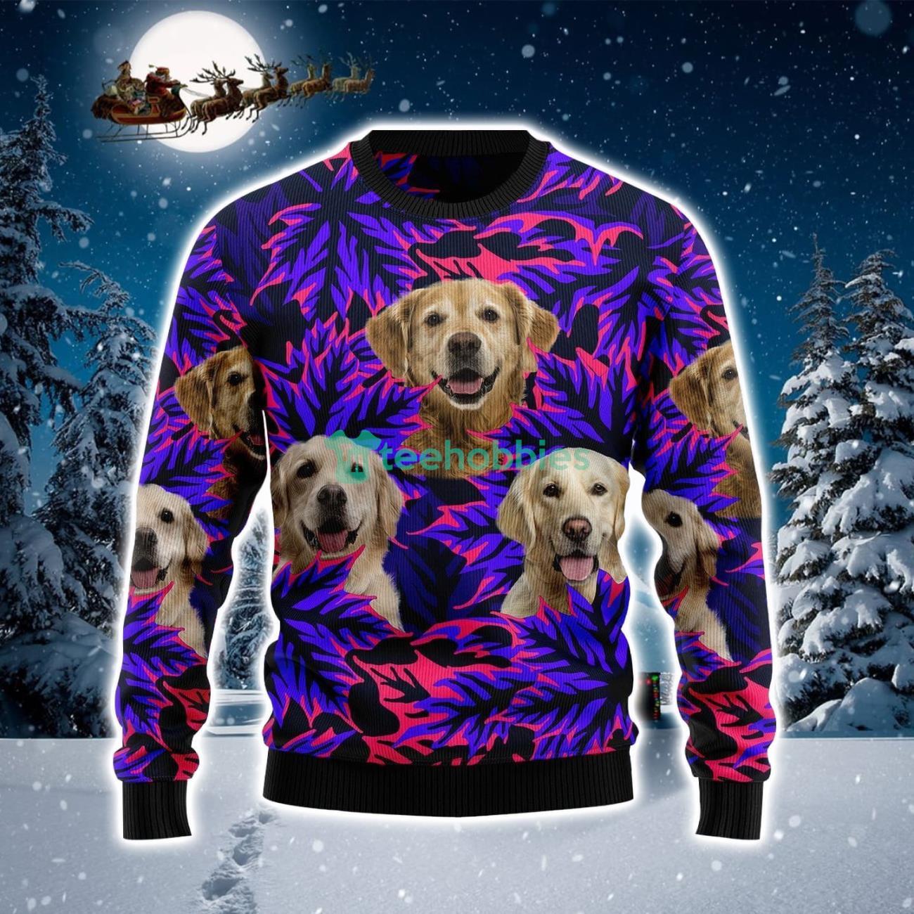 Golden Retriever And Purple Leaves Christmas Sweater Product Photo 1
