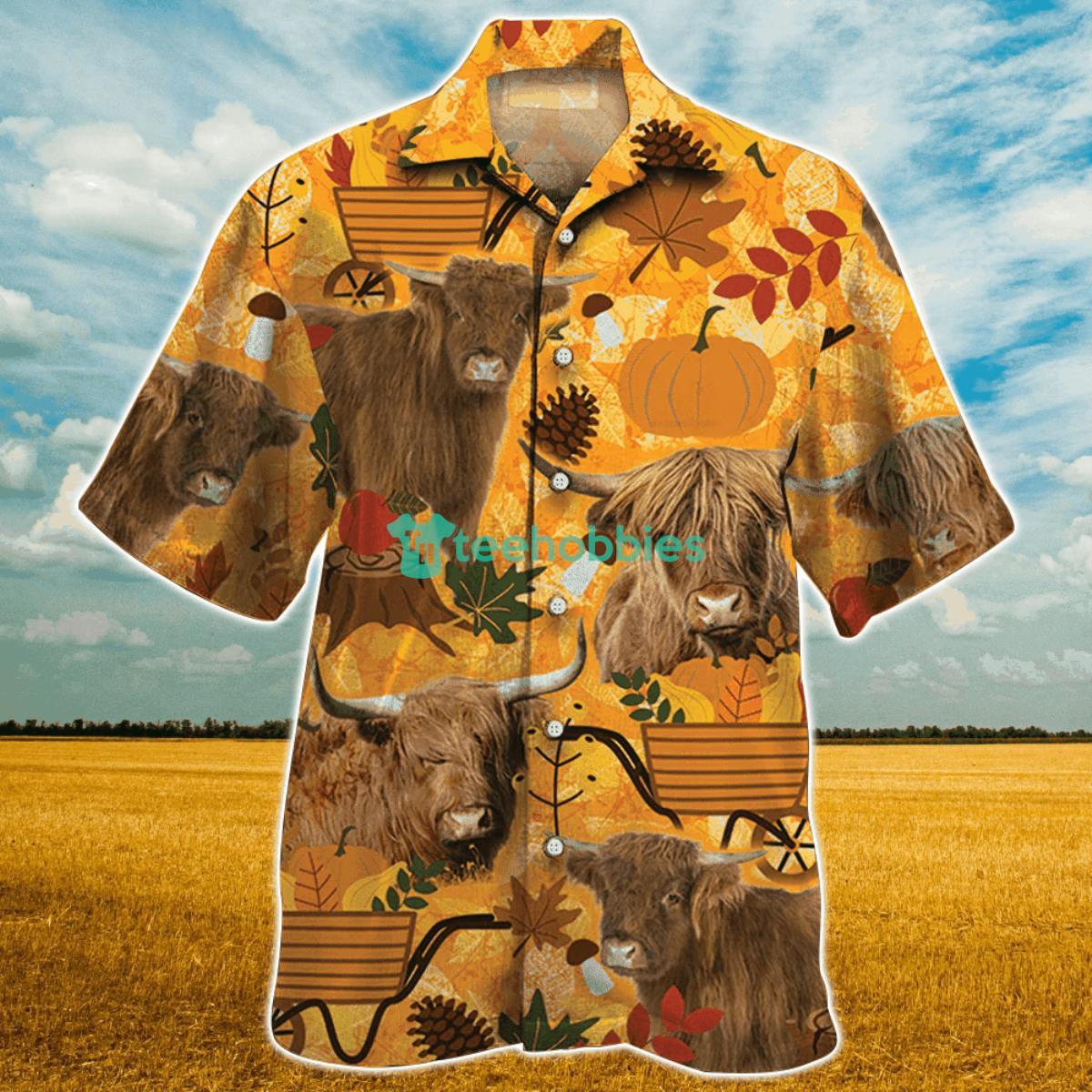 Highland Cattle Nature Autumn Pumpkin All Over Printed 3D Hawaiian Shirt For Men Women Product Photo 1