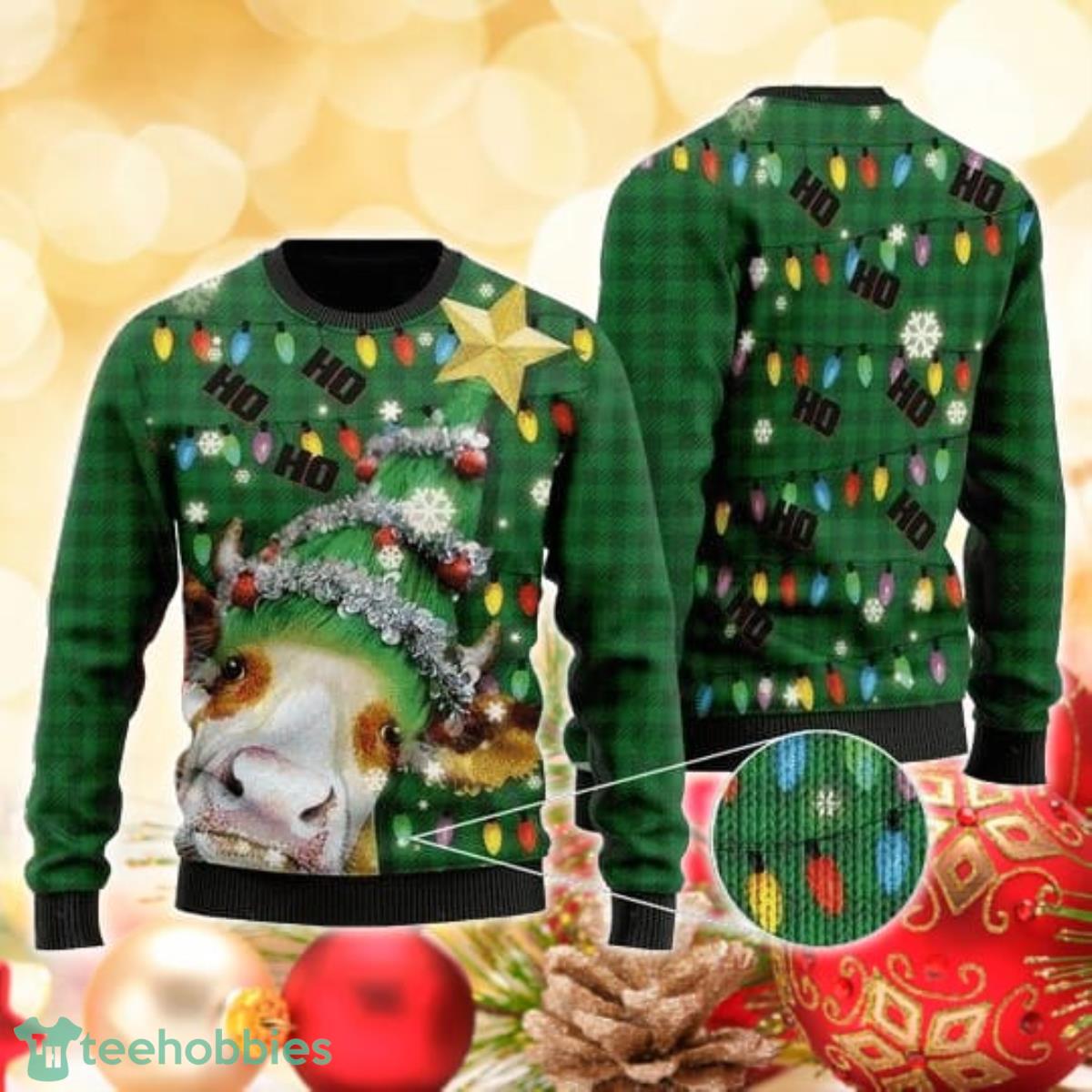 Ho Ho Ho Cow Christmas Tree 3D Sweater Ugly Christmas Sweater For Men Women Product Photo 1