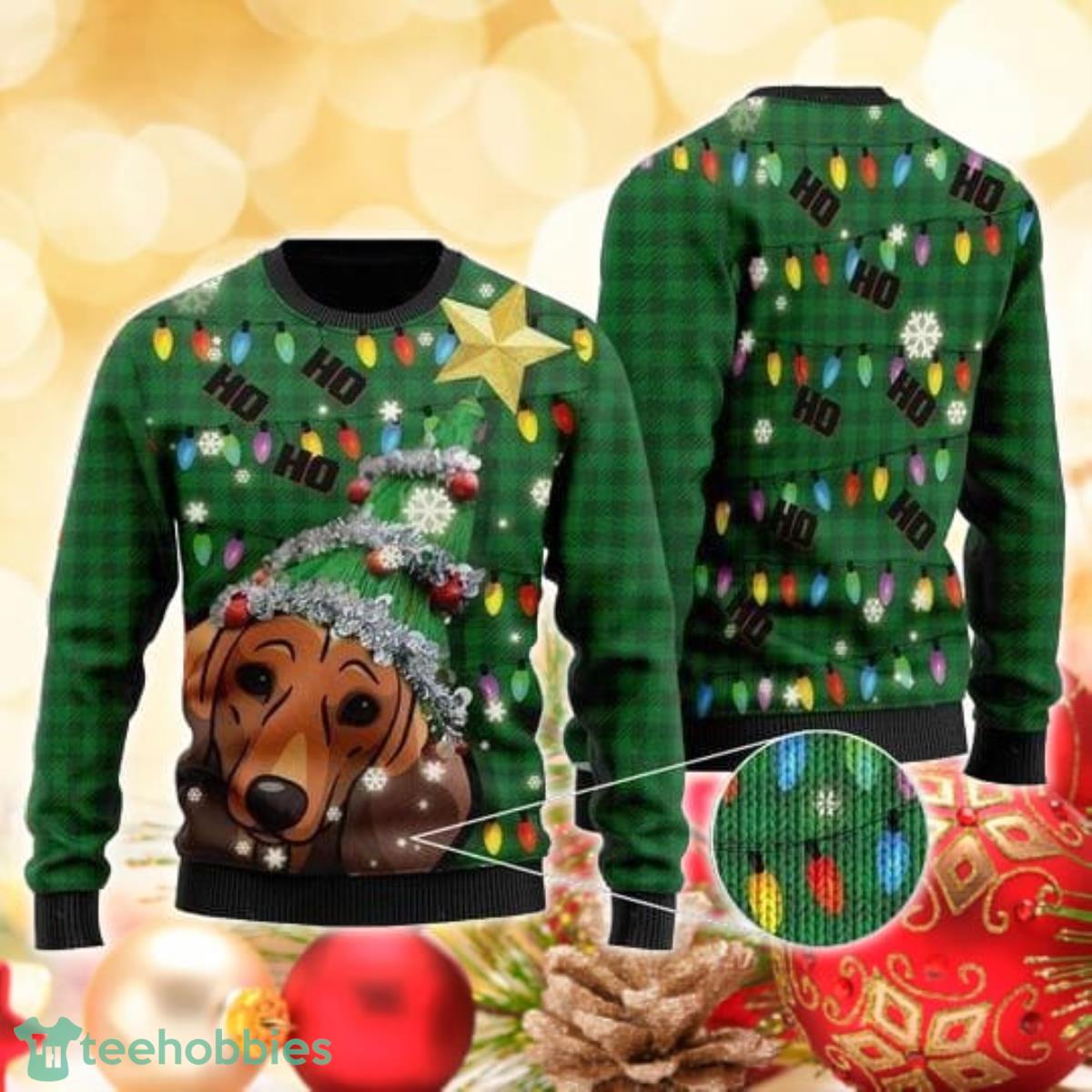 Ho Ho Ho Dachshund Christmas Tree 3D Sweater Ugly Christmas Sweater For Men Women Product Photo 1